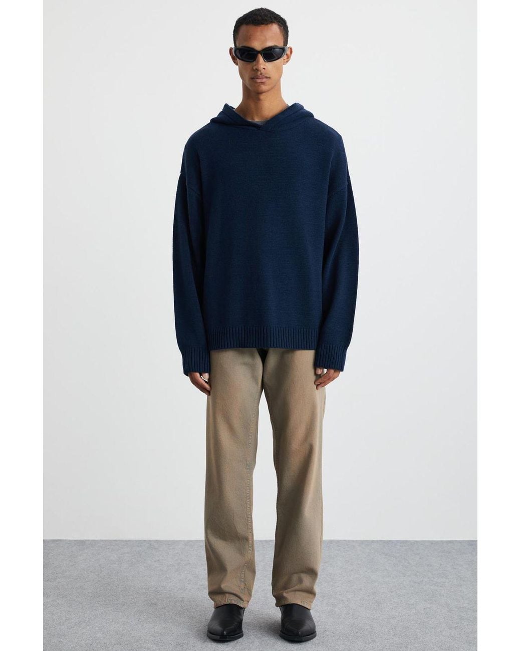 Grimelange Blue Oversized Hooded Ribbed Jumper for men