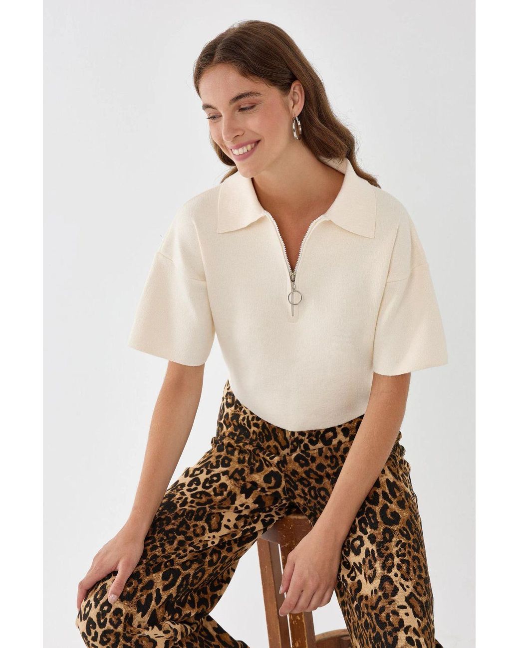 Hiccup Natural Knitted Zipper Collar Top