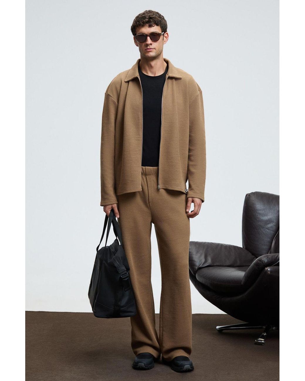 Grimelange Natural Wide Leg Drawstring Trousers for men