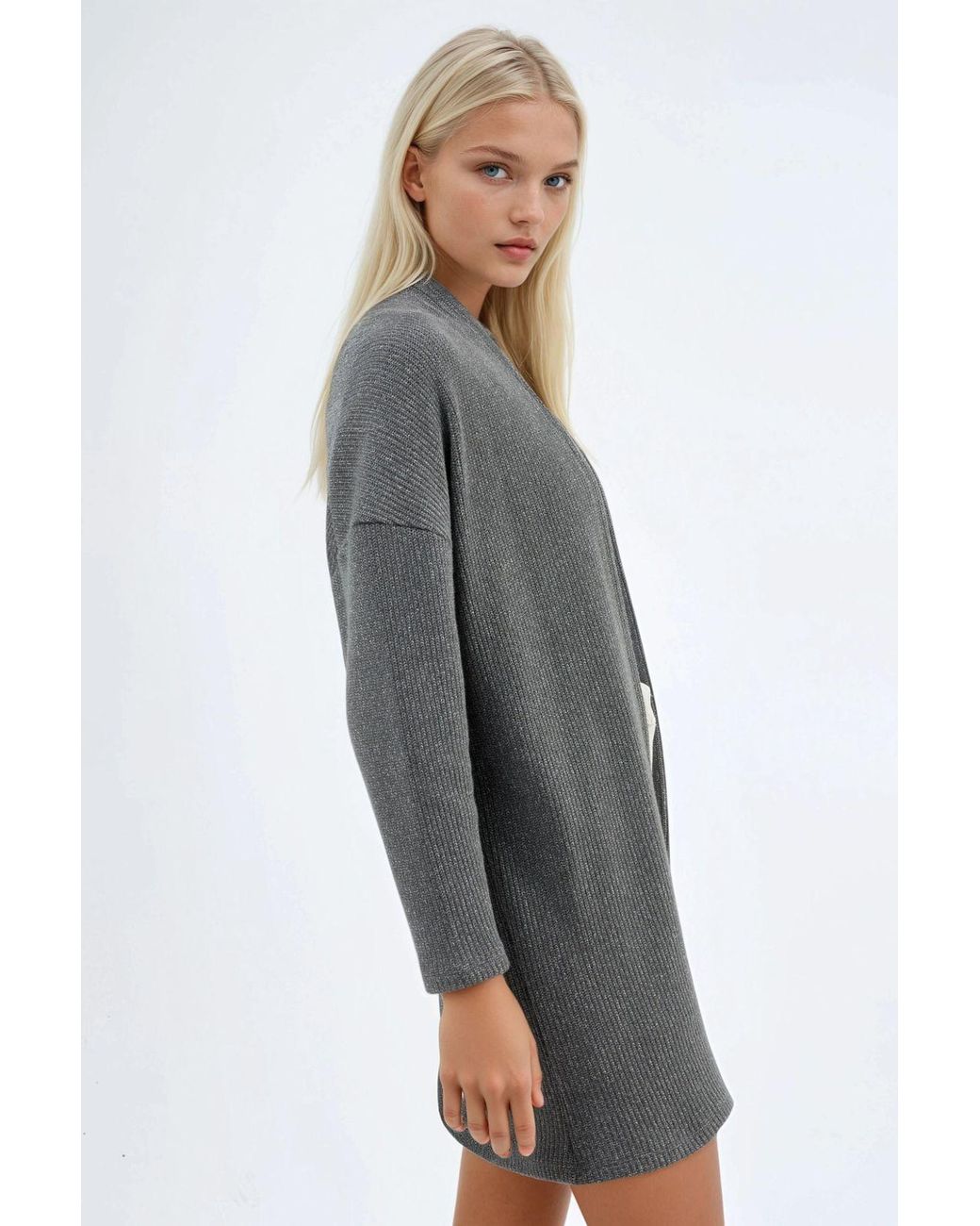 Busem Gray Long Ribbed Knit Cardigan With Open Collar