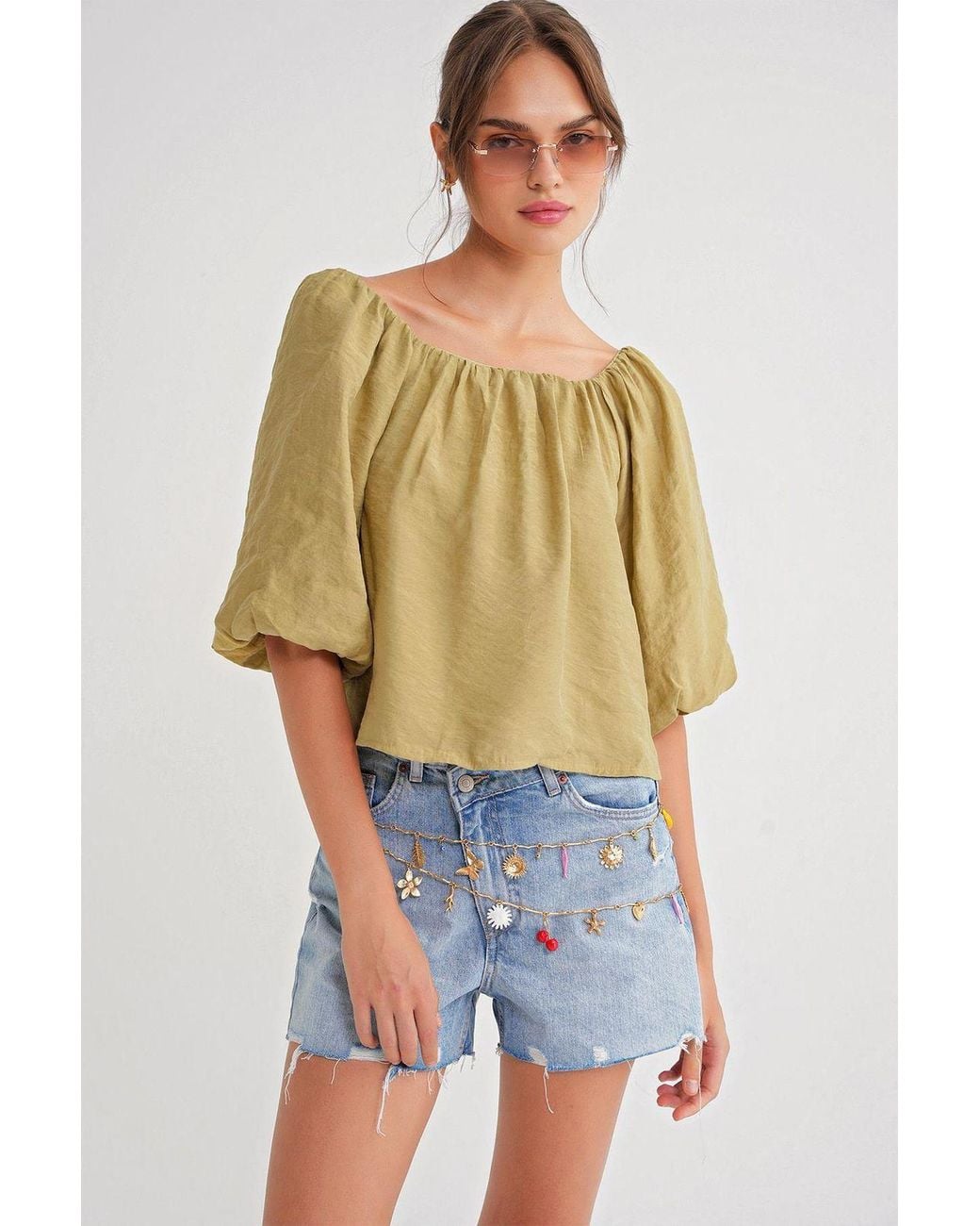 MixRay Blue Modal Blended Blouse With Madonna Collar And Ruffle Detail