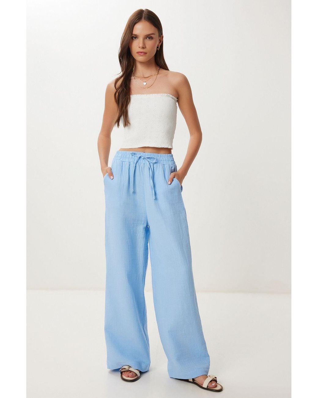 Happiness İstanbul Blue Wide Leg Drawstring Waist Pants With Binding Detail