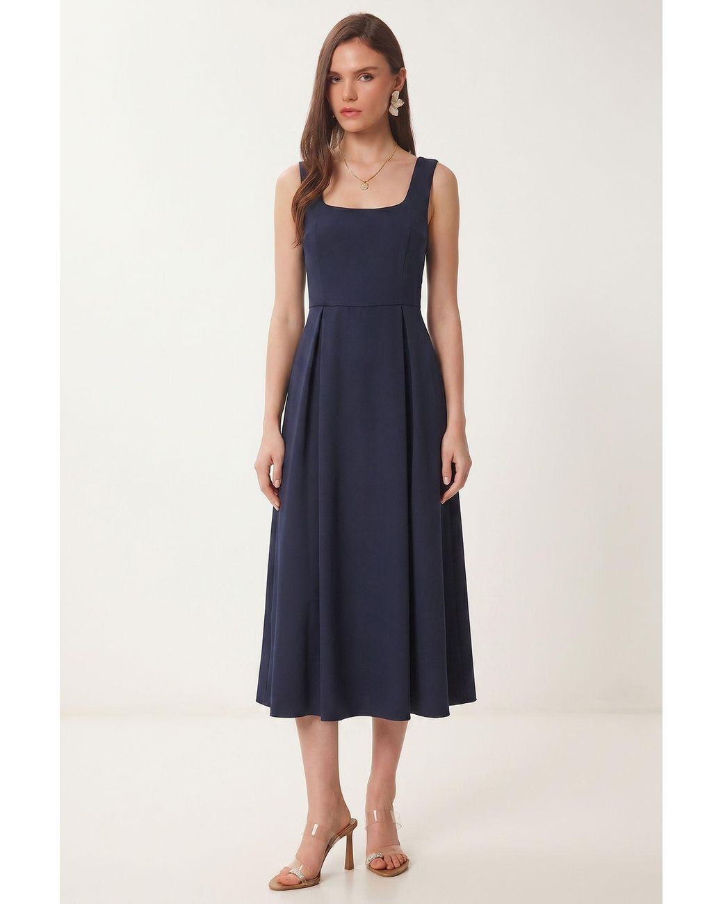 Happiness İstanbul Blue Square Collar A-Form Midi Dress With Zipper Closure