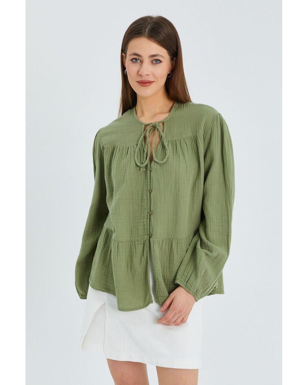 MixRay Green Long Sleeve Relaxed Fit Blouse With Tie-Neck