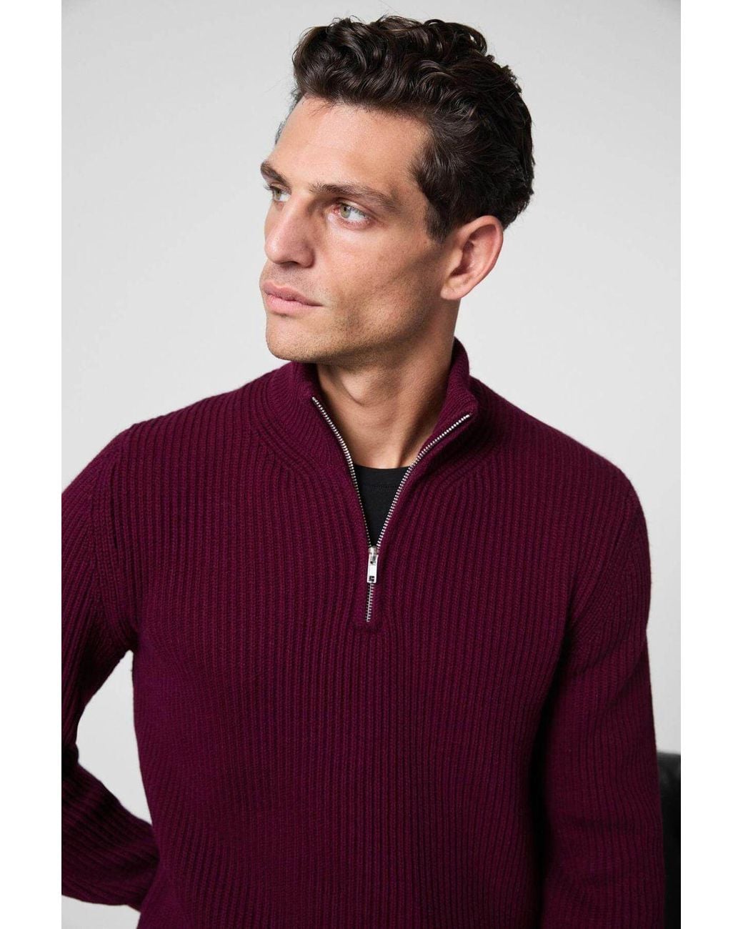 Grimelange Purple Zipper Collar Knit Jumper for men