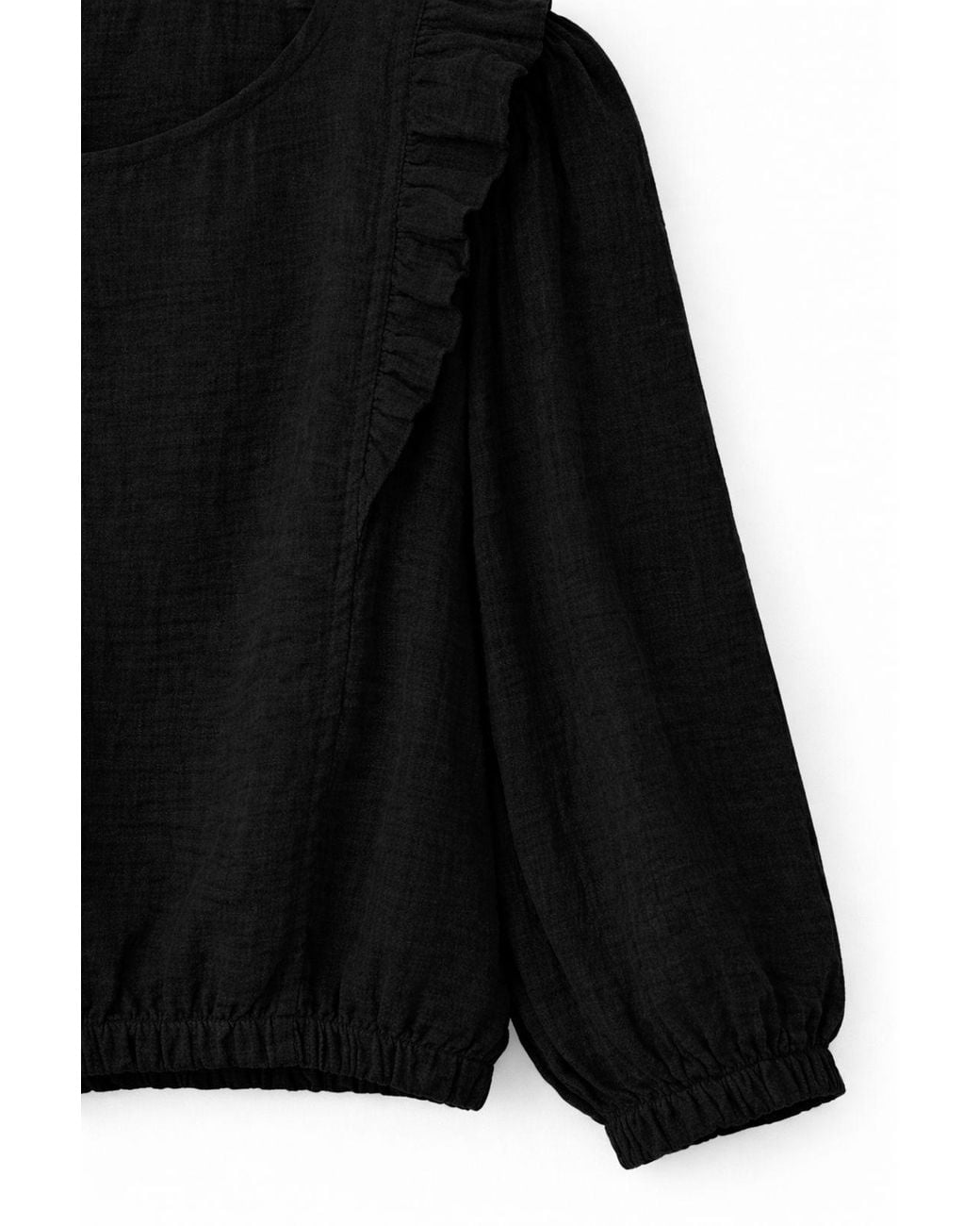 MixRay Black Textured Frilly Crew Neck Blouse