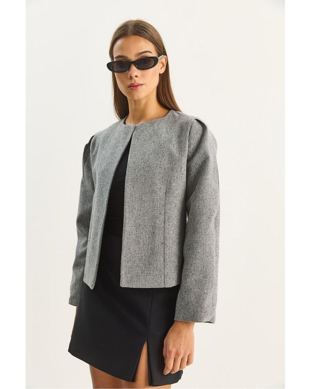 Bianco Lucci Gray Textured Open Collar Lined Jacket