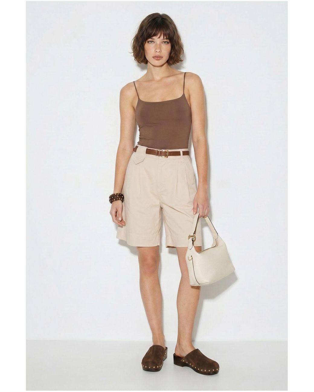 Bianco Lucci Natural High-Waist Belted Tailored Shorts