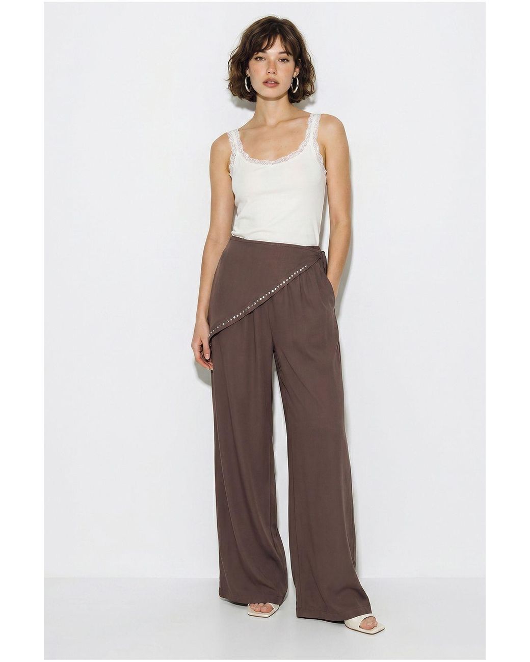 Bianco Lucci Brown Wide Leg Pull-On Trousers