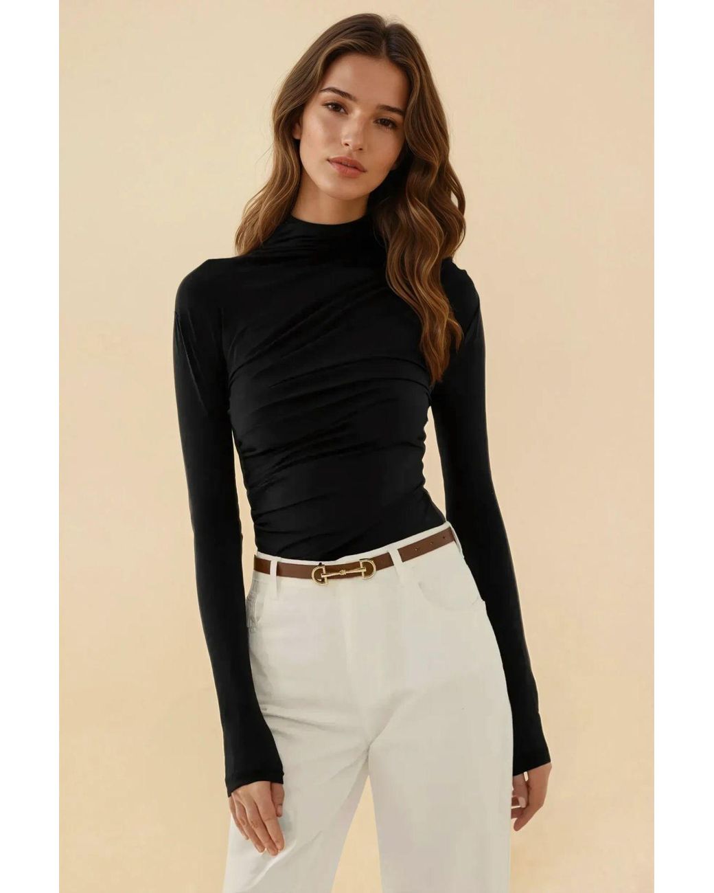 Hiccup Black High Collar Drape Detail Blouse
