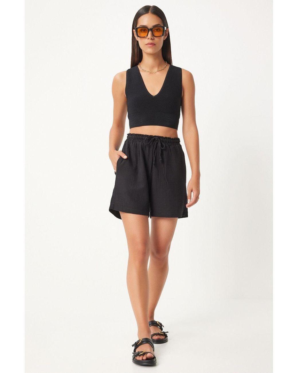 Happiness İstanbul Black High Waist Wide Leg Cotton Shorts