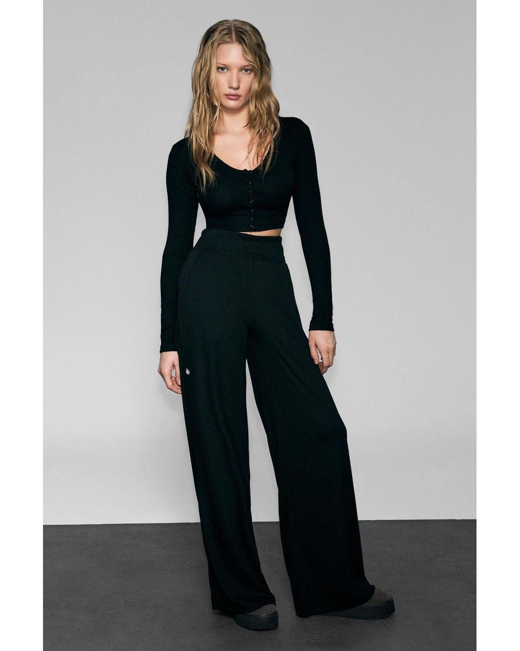 Grimelange Black Wide Leg Elastic Waist Joggers
