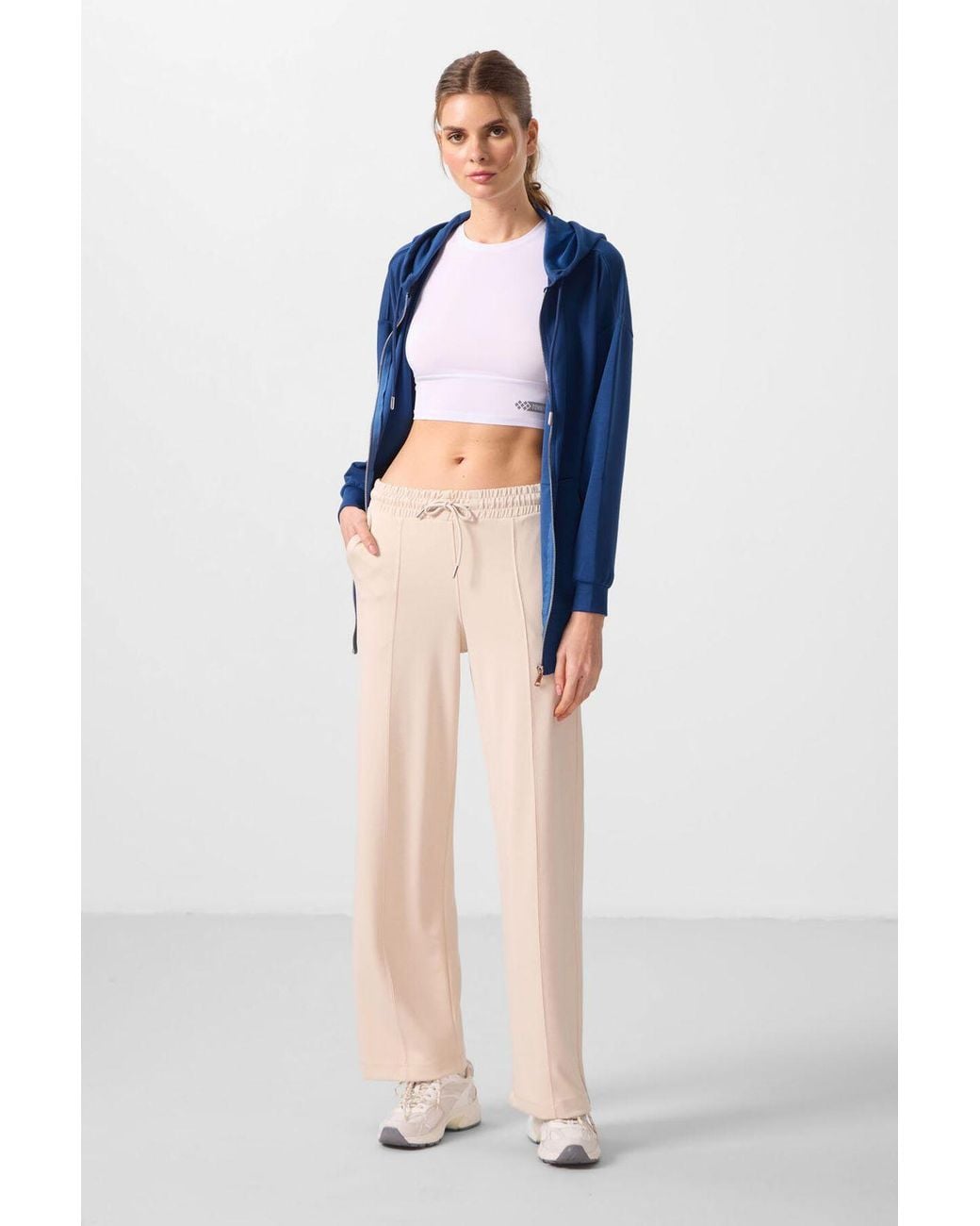 TOMMY LIFE Natural Textured Wide Leg Palazzo Pants With Drawstring Waist