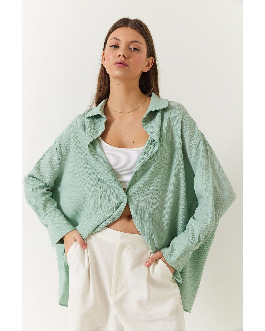 Bianco Lucci Green Oversized Textured Shirt
