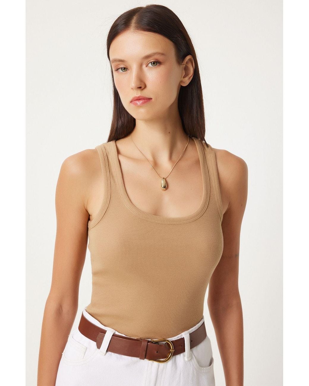 Happiness İstanbul Brown Fitted U Collar Knitted 2- Pack Tank Top