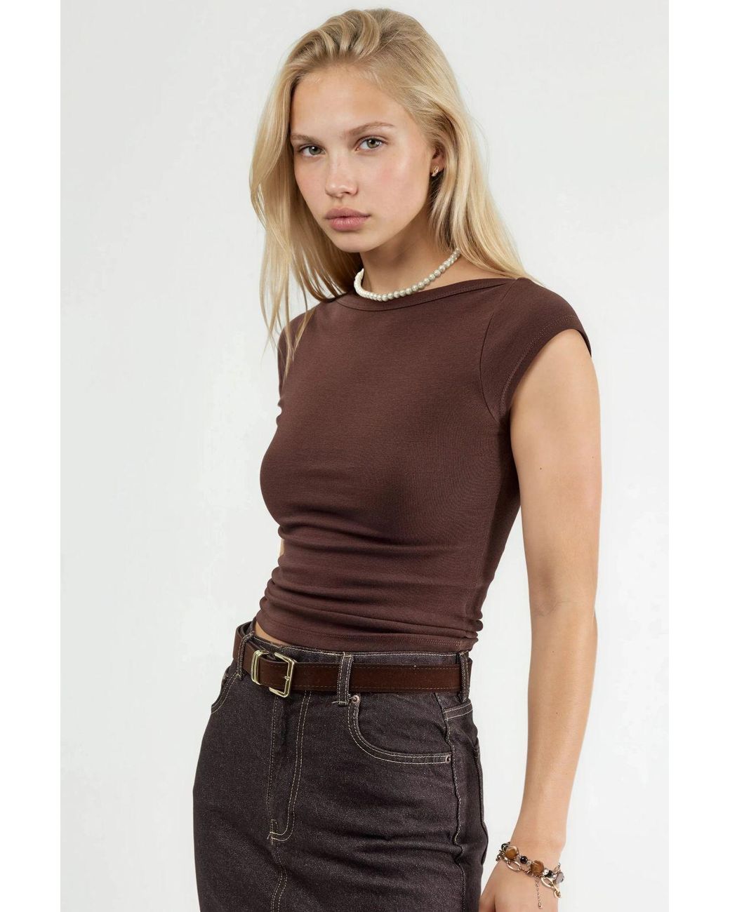Busem Brown Slim Fit Boat Neck Blouse