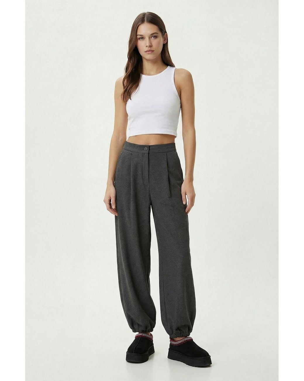 Happiness İstanbul Gray High Waist Pleated Salwar Pants