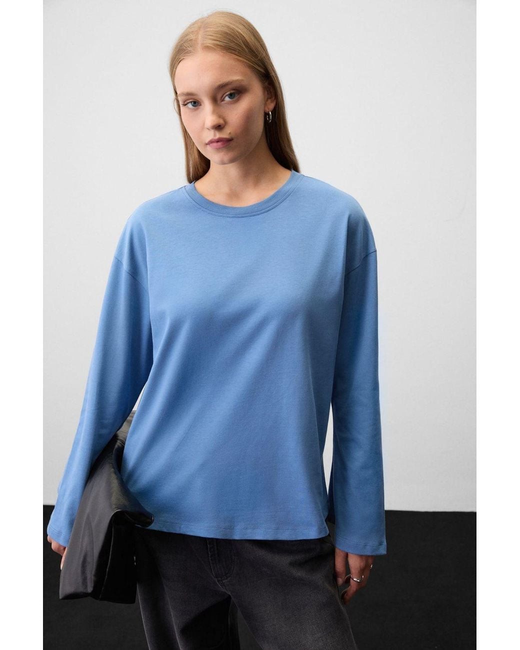 Grimelange Blue Crew Neck Long Sleeve Blouse