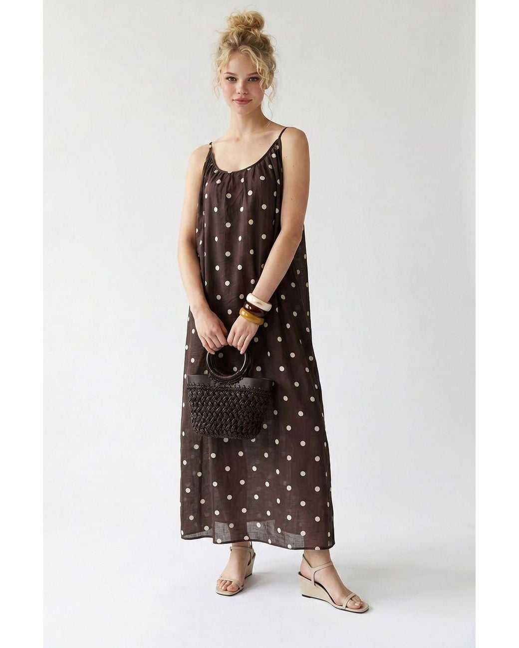 MixRay Brown Polka Dot A-Line Maxi Dress
