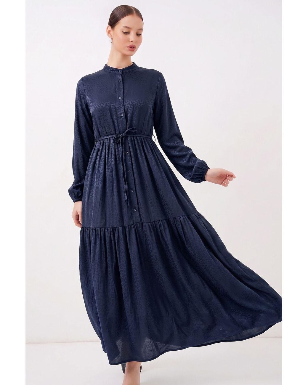 Bigdart Blue Buttoned Crew Neck Maxi Dress With Waistband