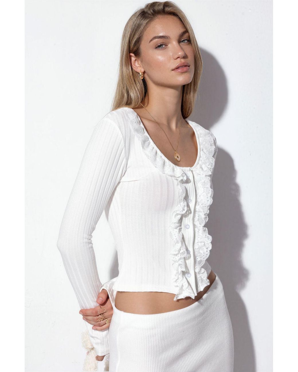 Busem White Fitted Ribbed Crop Cardigan
