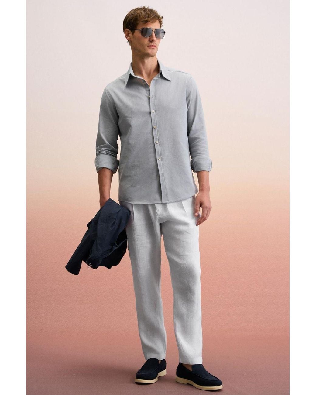 Grimelange Gray Slim Fit Button Collar Shirt for men