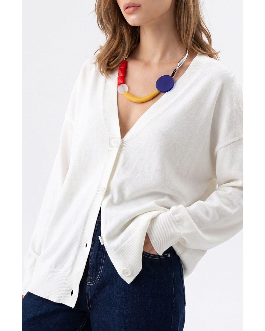 MixRay White Long Ribbed Knitwear Cardigan With V-Neck And Button Closure