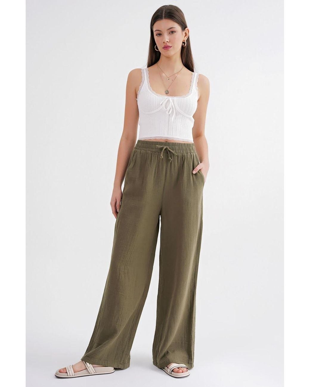 MixRay Green High Waist Textured Muslin Fabric Pants