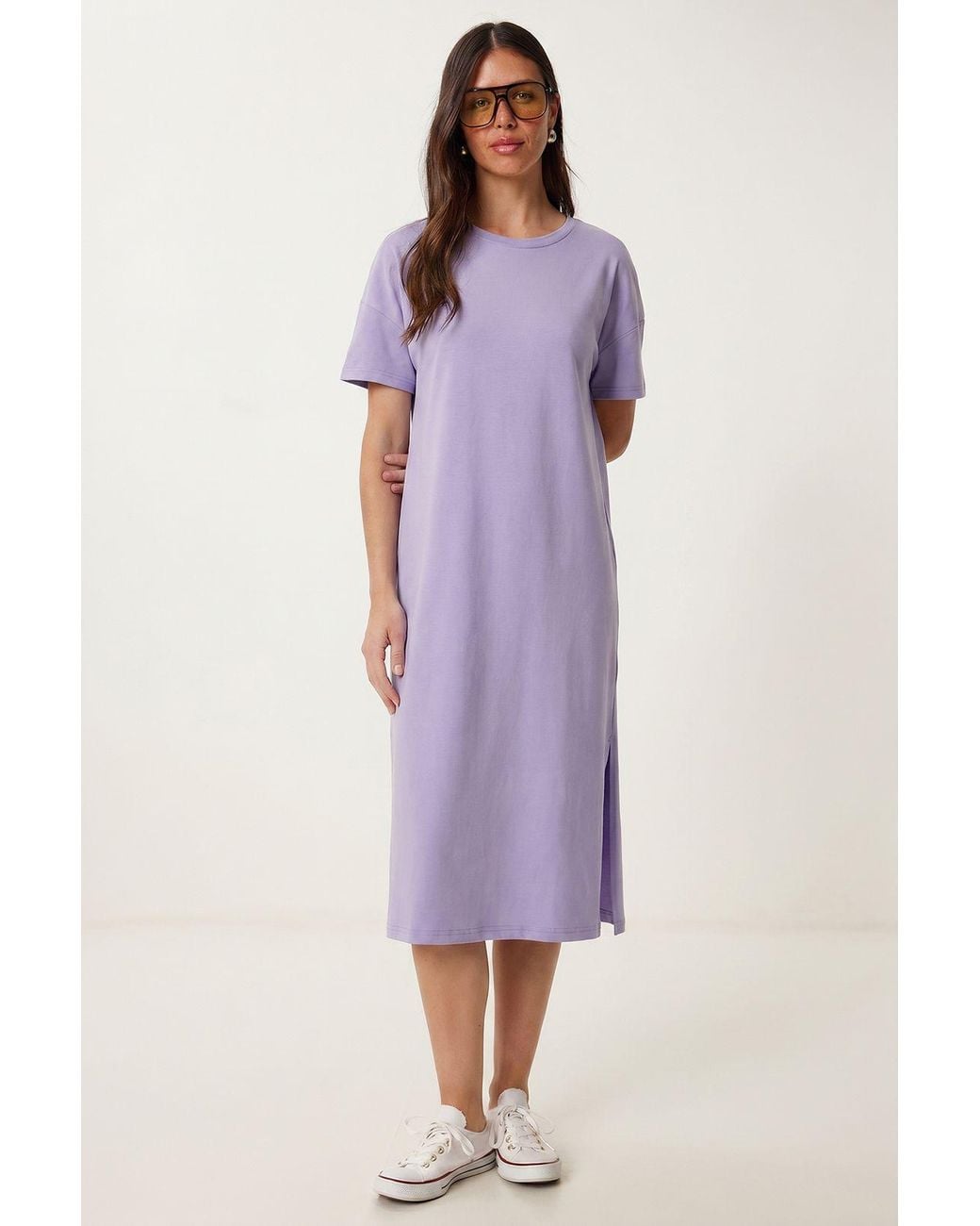 Happiness İstanbul Purple Cotton Crew Neck Midi T-Shirt Dress