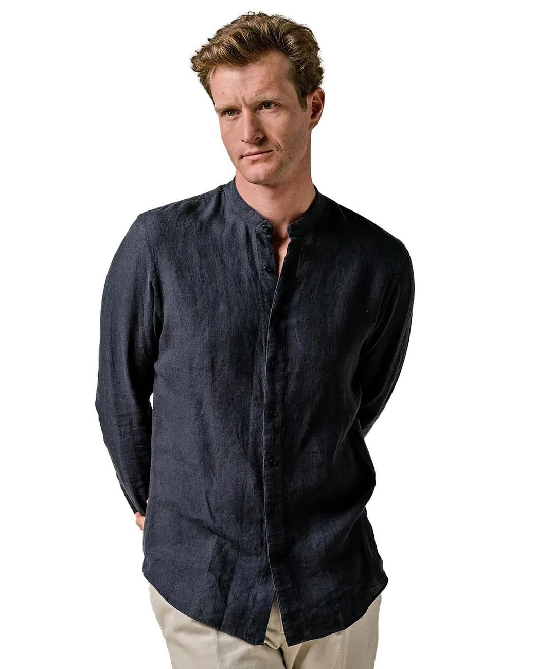 Profuomo Overhemd Standing Collar Linnen in het Blue voor heren