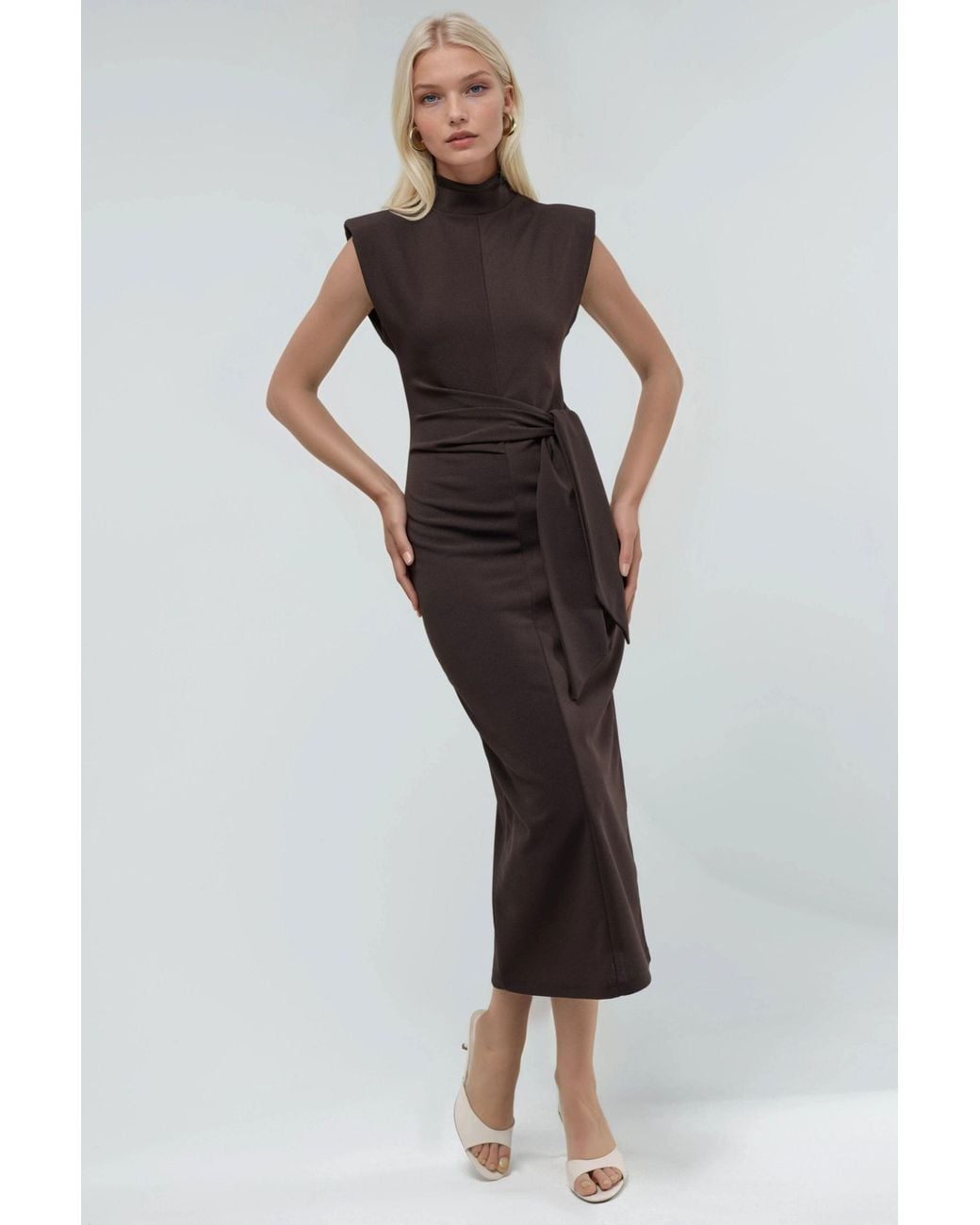 Busem Brown Tie Detailed Stand Collar Midi Dress