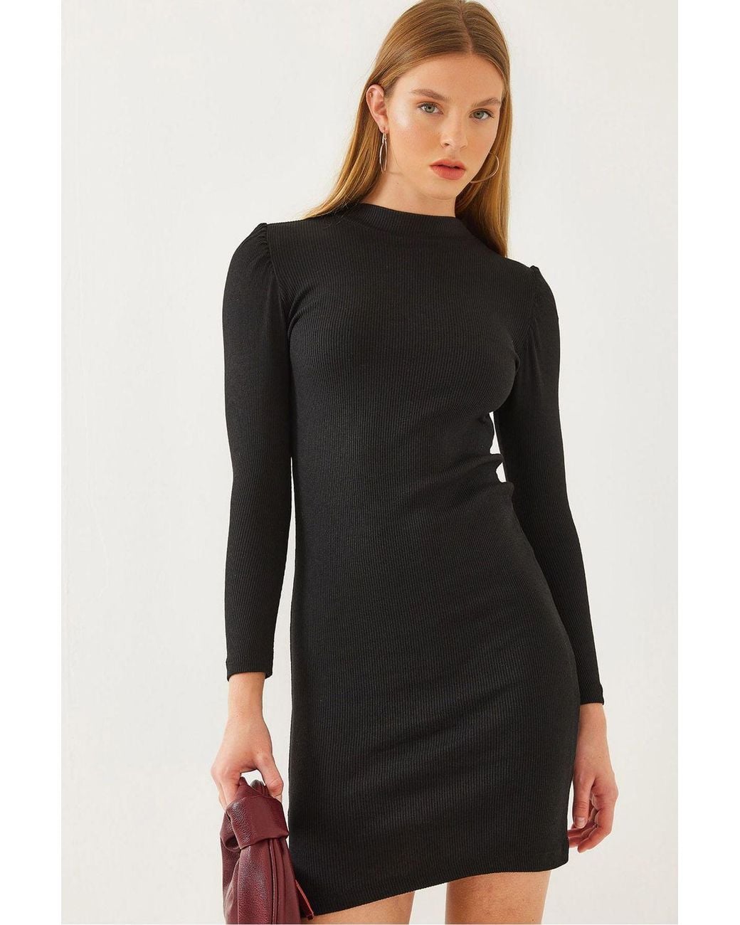 Bianco Lucci Black Ribbed Jersey Mini Dress With Crew Neck