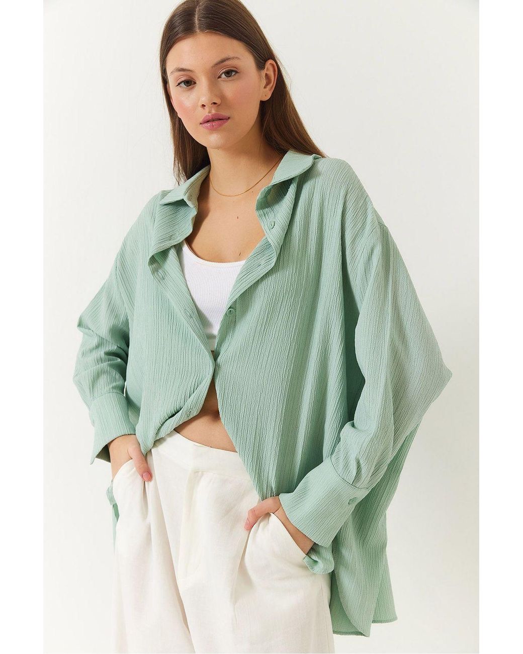 Bianco Lucci Green Oversized Textured Shirt