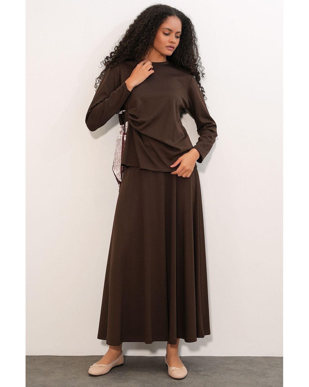 Bigdart Brown Long Sleeve Blouse And Wide-Leg Skirt Coord