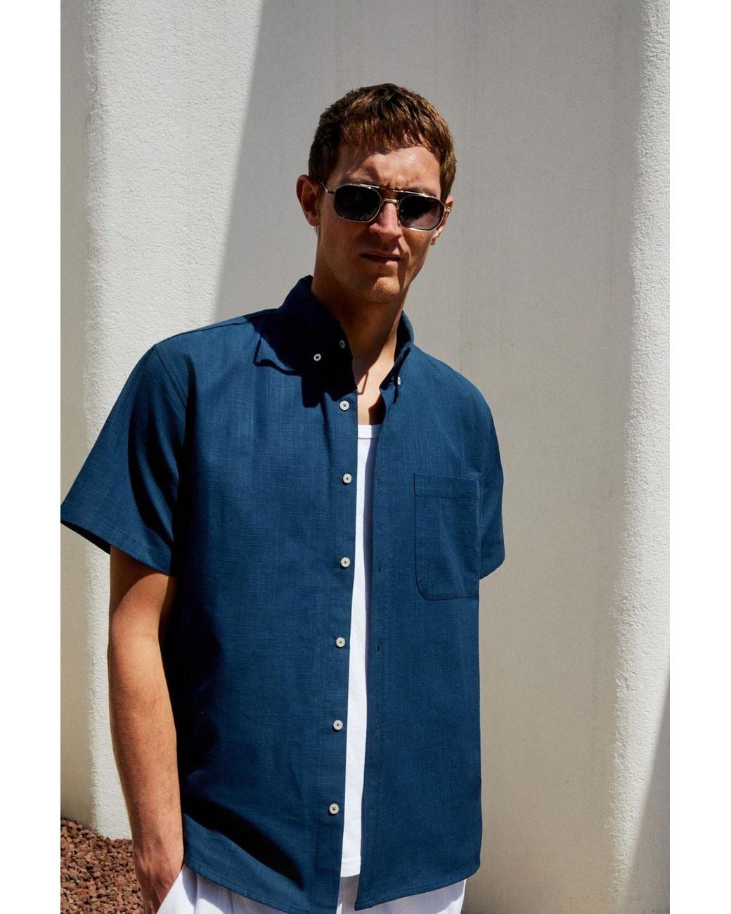 Grimelange Blue Relaxed Long Sleeve Button Shirt for men