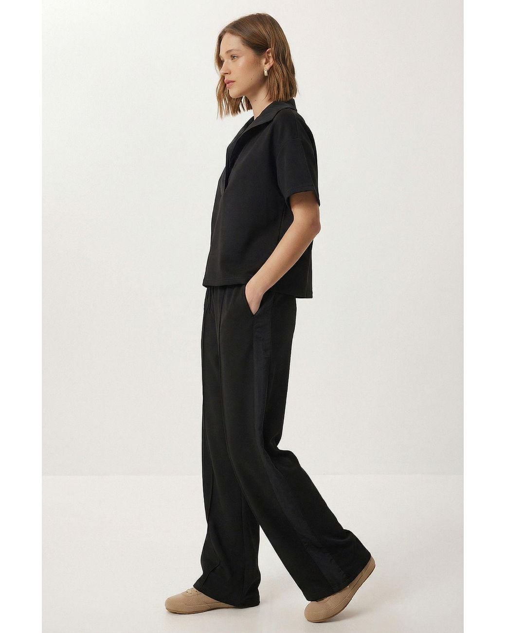 Happiness İstanbul Black Polo Collar Blouse & Mid Waist Wide Leg Pants Two-Piece Set