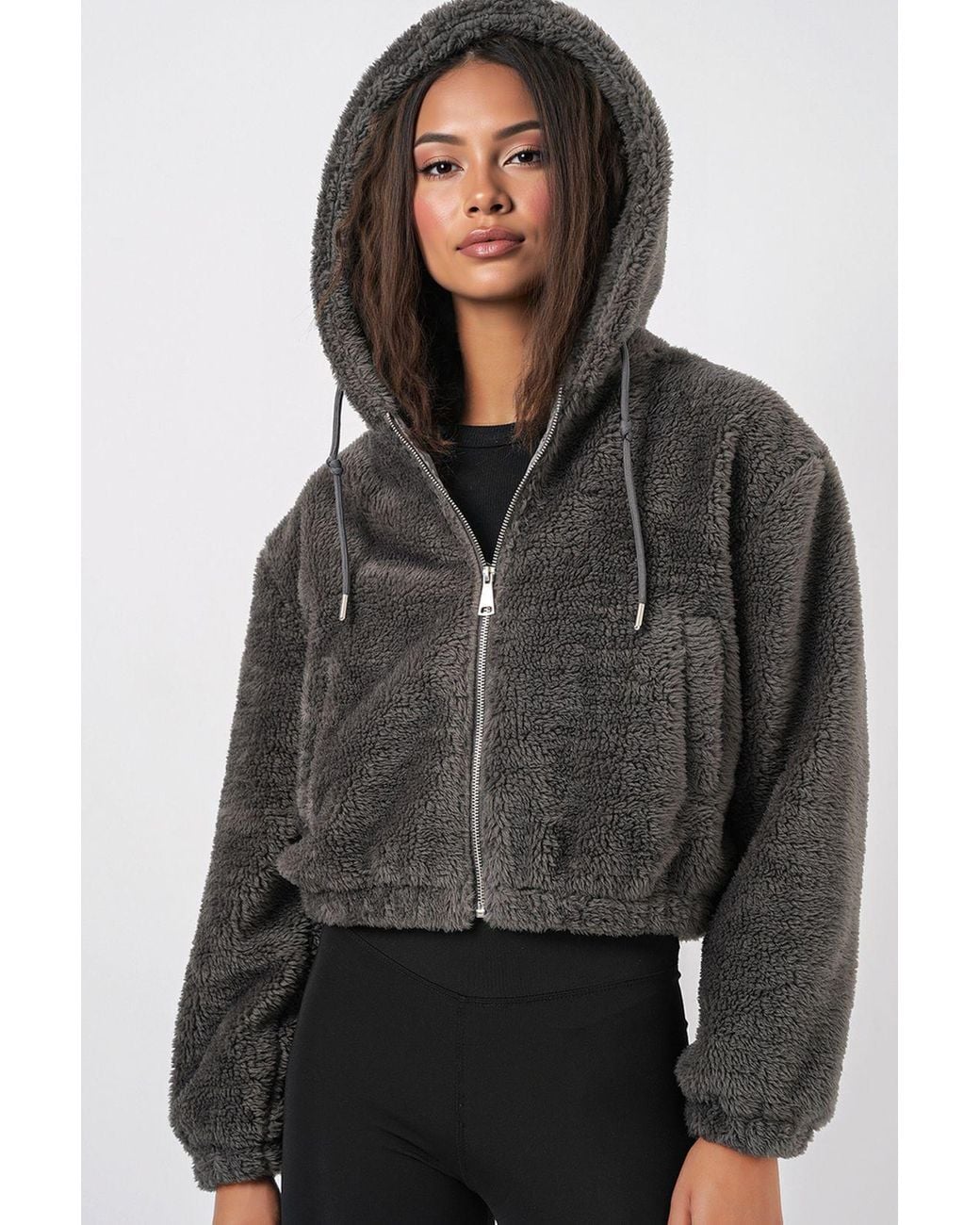 Bigdart Gray Crop Plush Zip-Front Hoodie