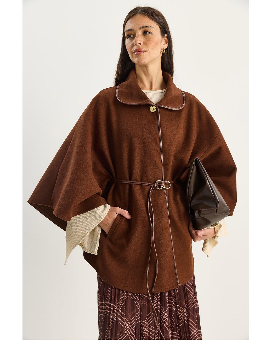 Bianco Lucci Brown Oversized Textured Wool Blend Overcoat With Jacket Collar