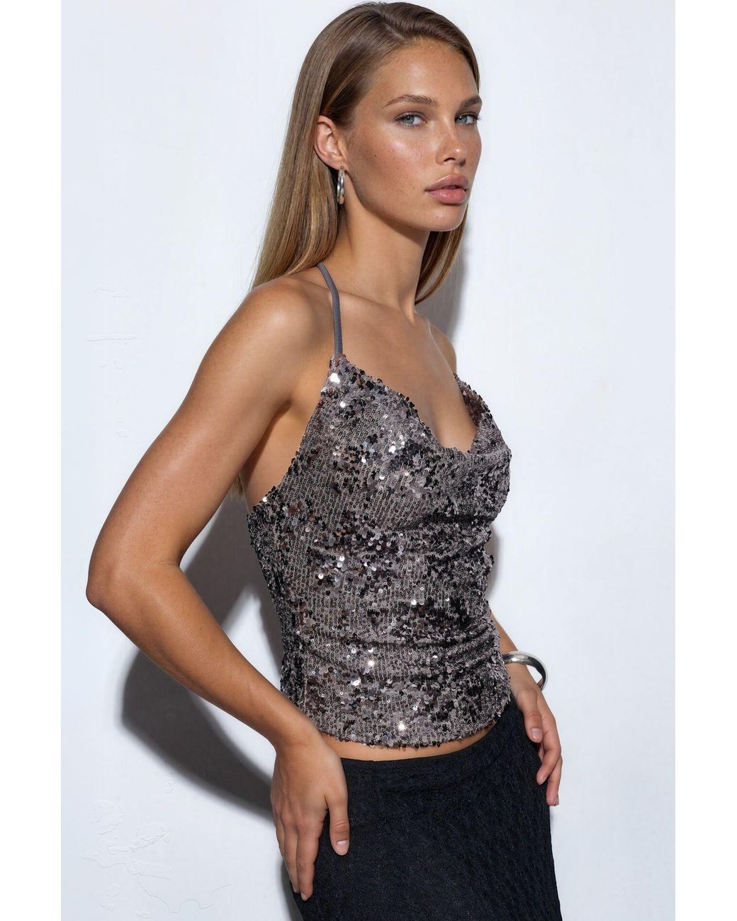 Busem Black Sequin Halterneck Crop Blouse