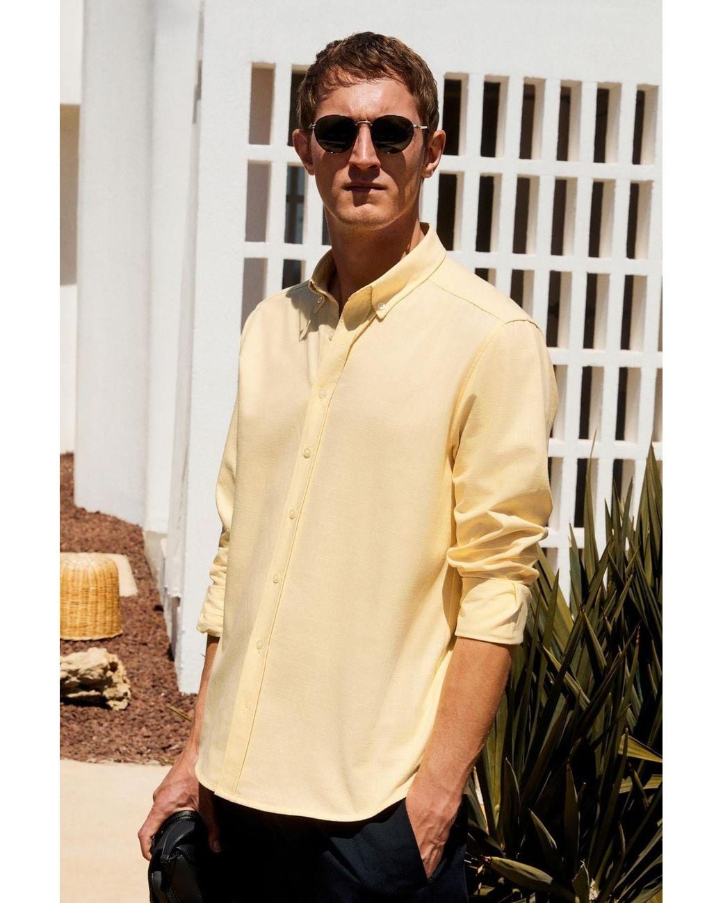 Grimelange Natural Slim Fit Button Collar Shirt for men