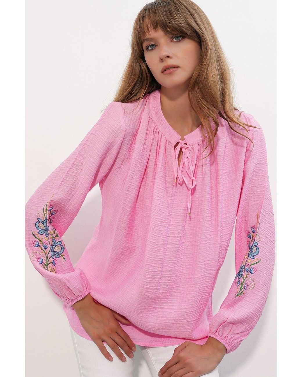 Bigdart Pink Embroidered Oversized Crepe Blouse