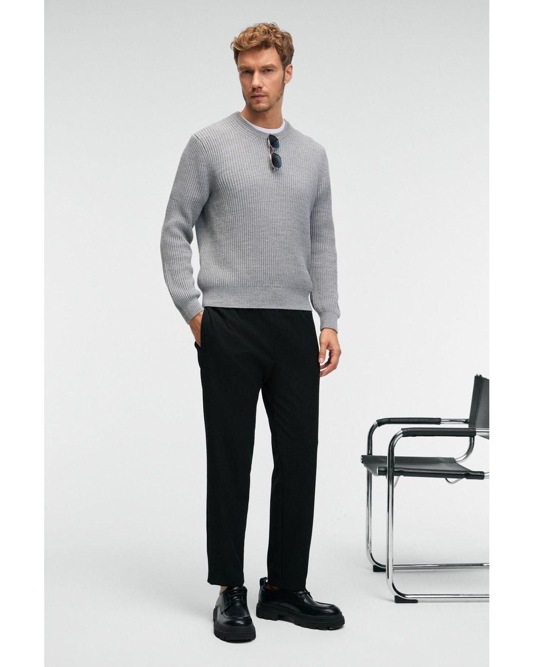 Grimelange Gray Crew Neck Ribbed Fine Knit Jumper for men