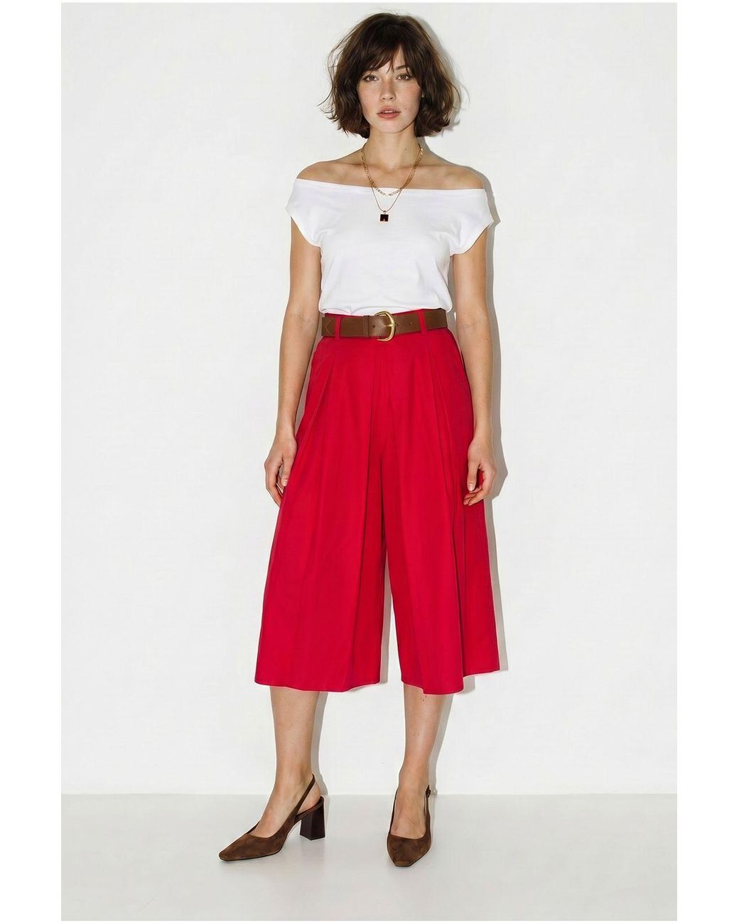 Bianco Lucci Red High-Waist Wide-Leg Pleated Culottes