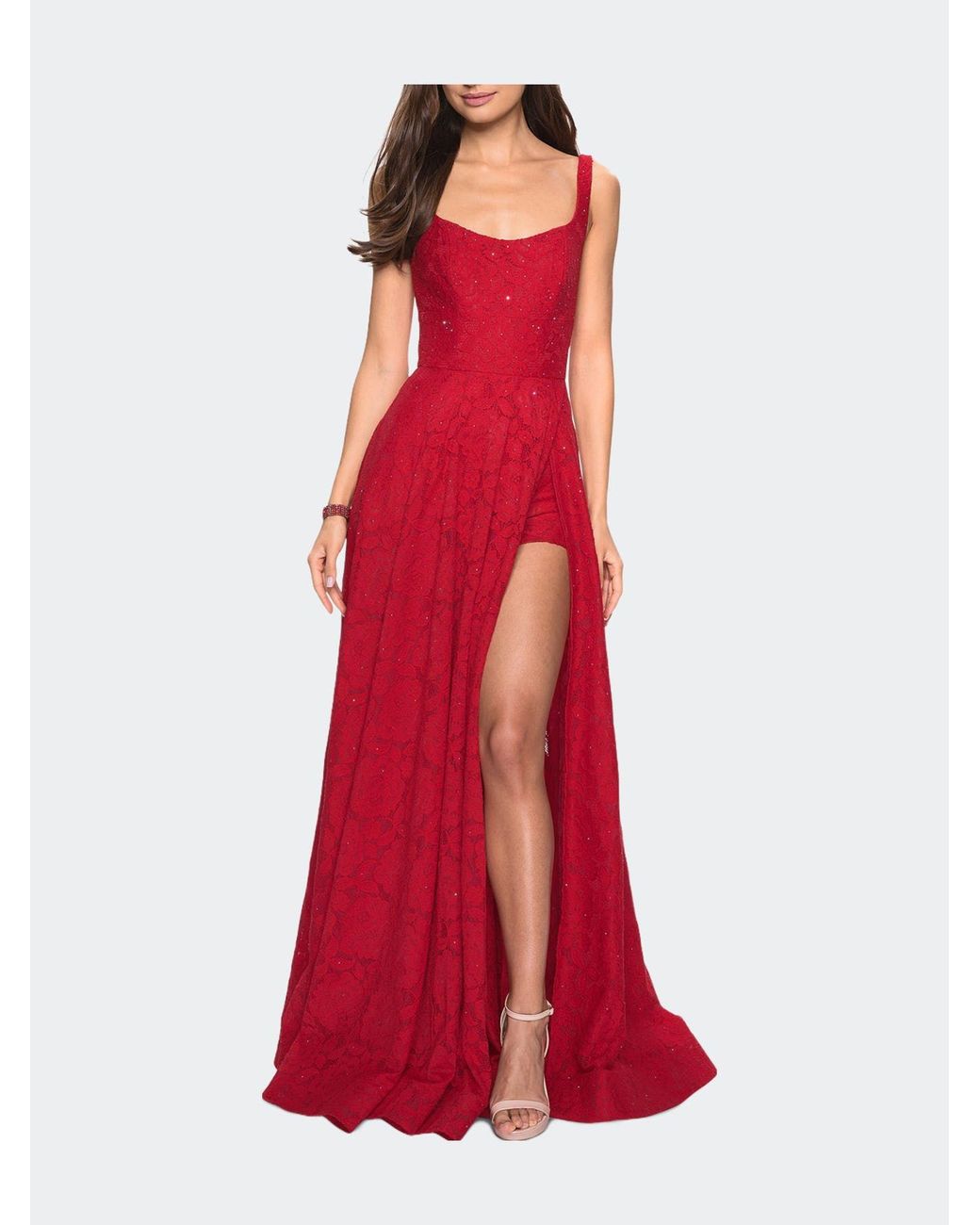 La Femme Long Lace Prom Dress With Attached Shorts in Red | Lyst
