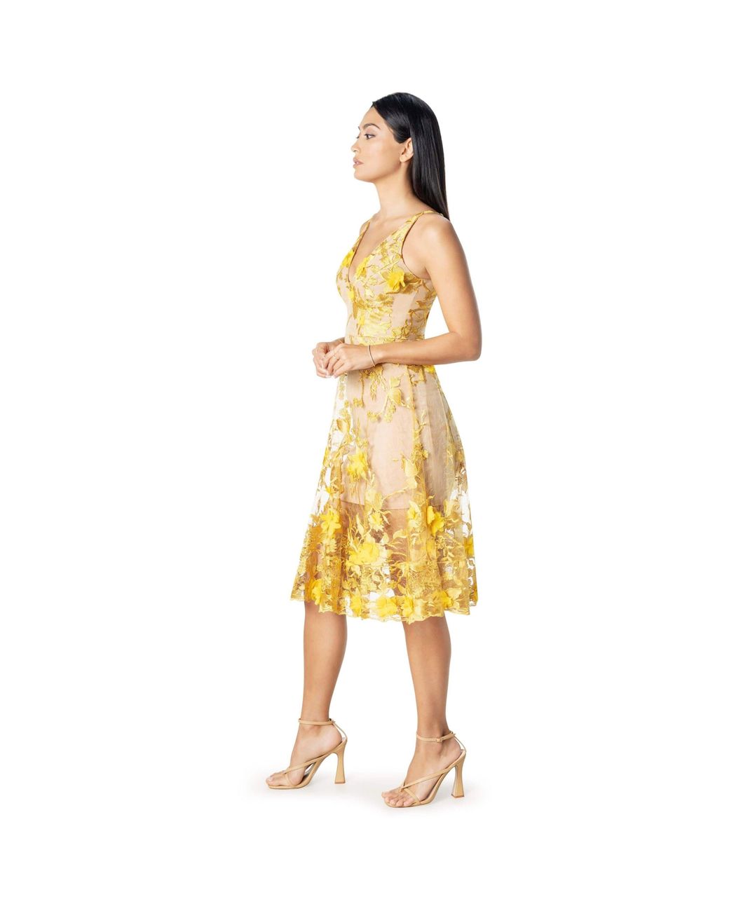 Dress the Population Audrey Floral Embellished Midi Dress in Yellow | Lyst