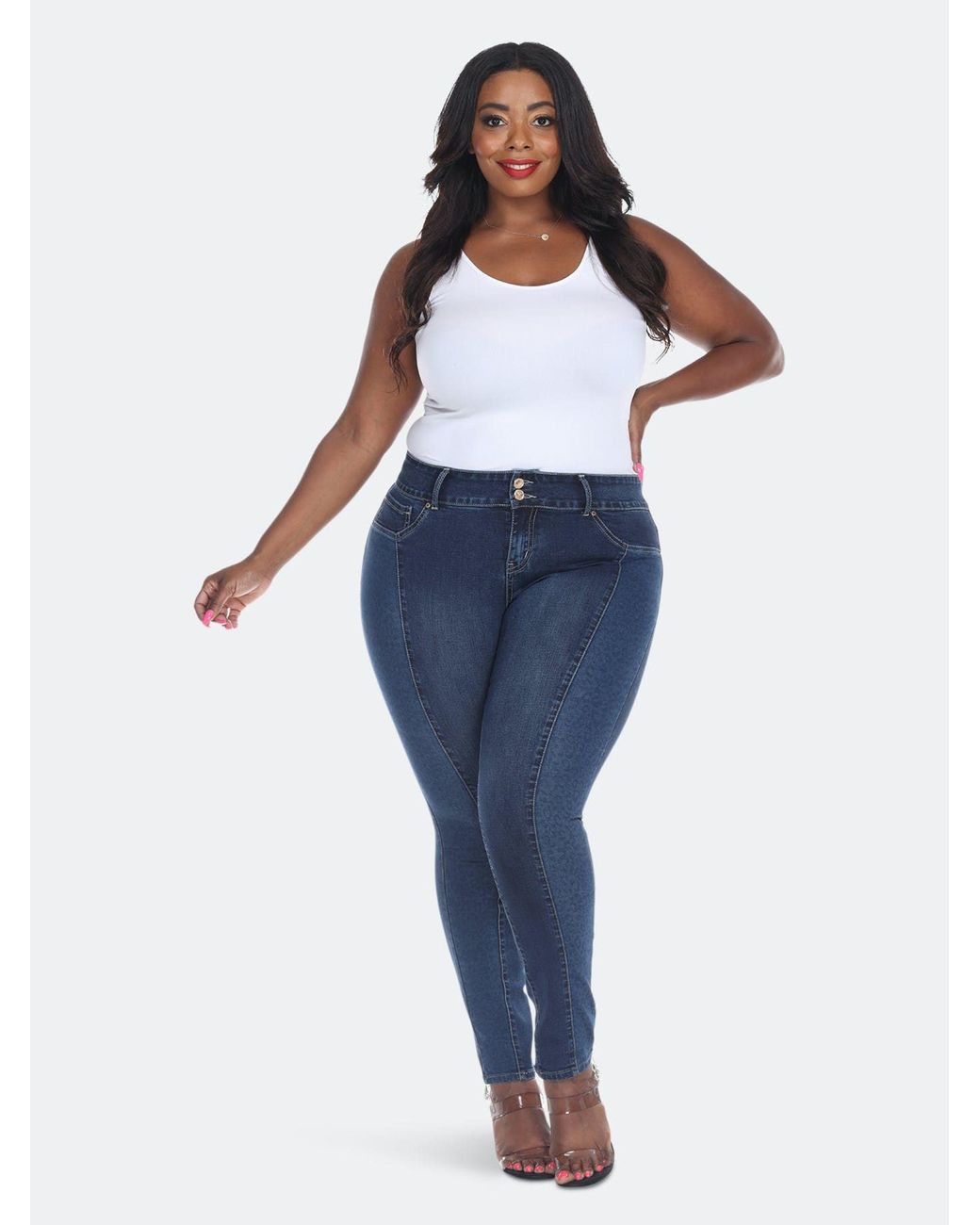 White Mark Plus Size Super Stretch Denim With Leopard Pannel in Blue | Lyst