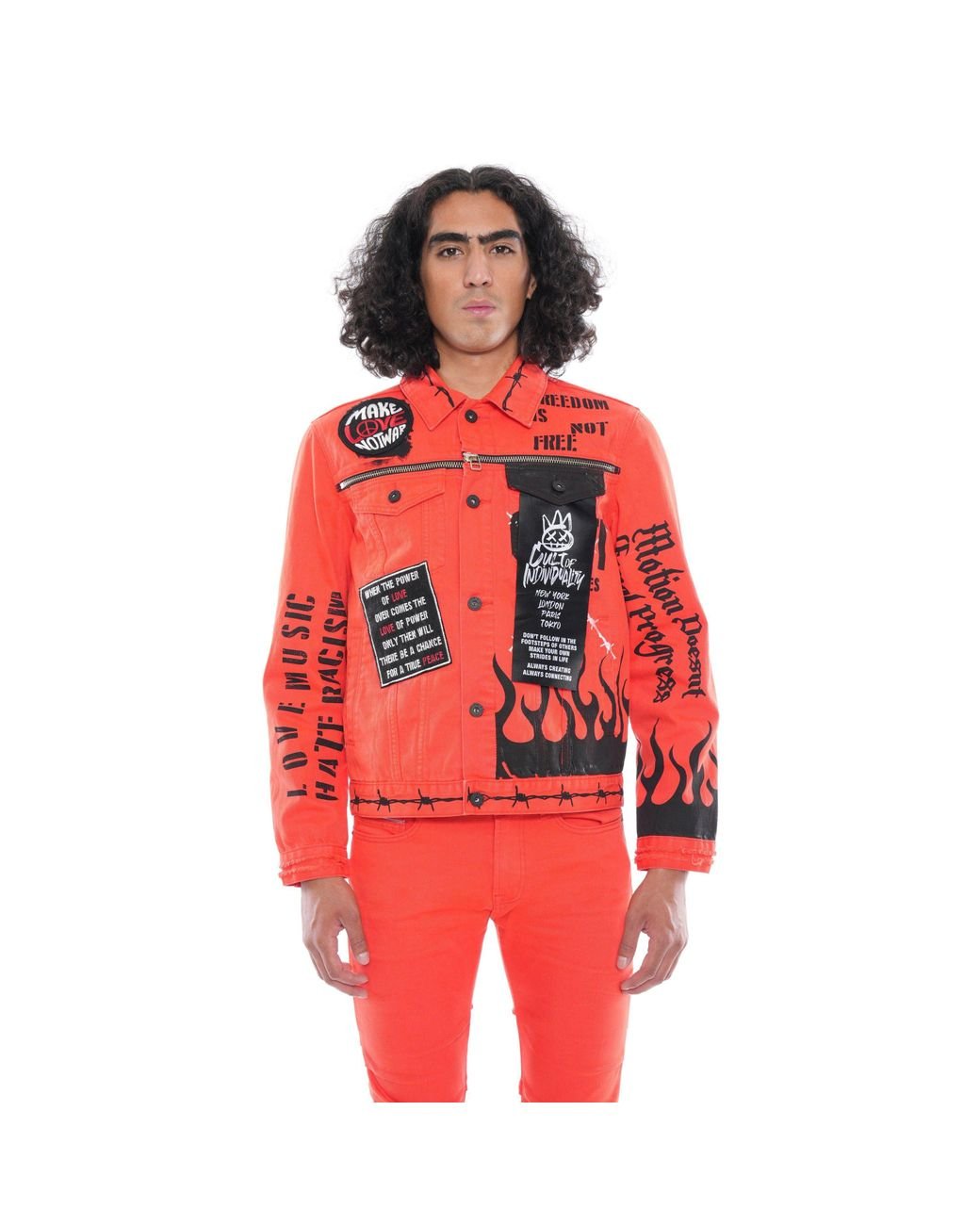 Half black half red 2025 denim jacket