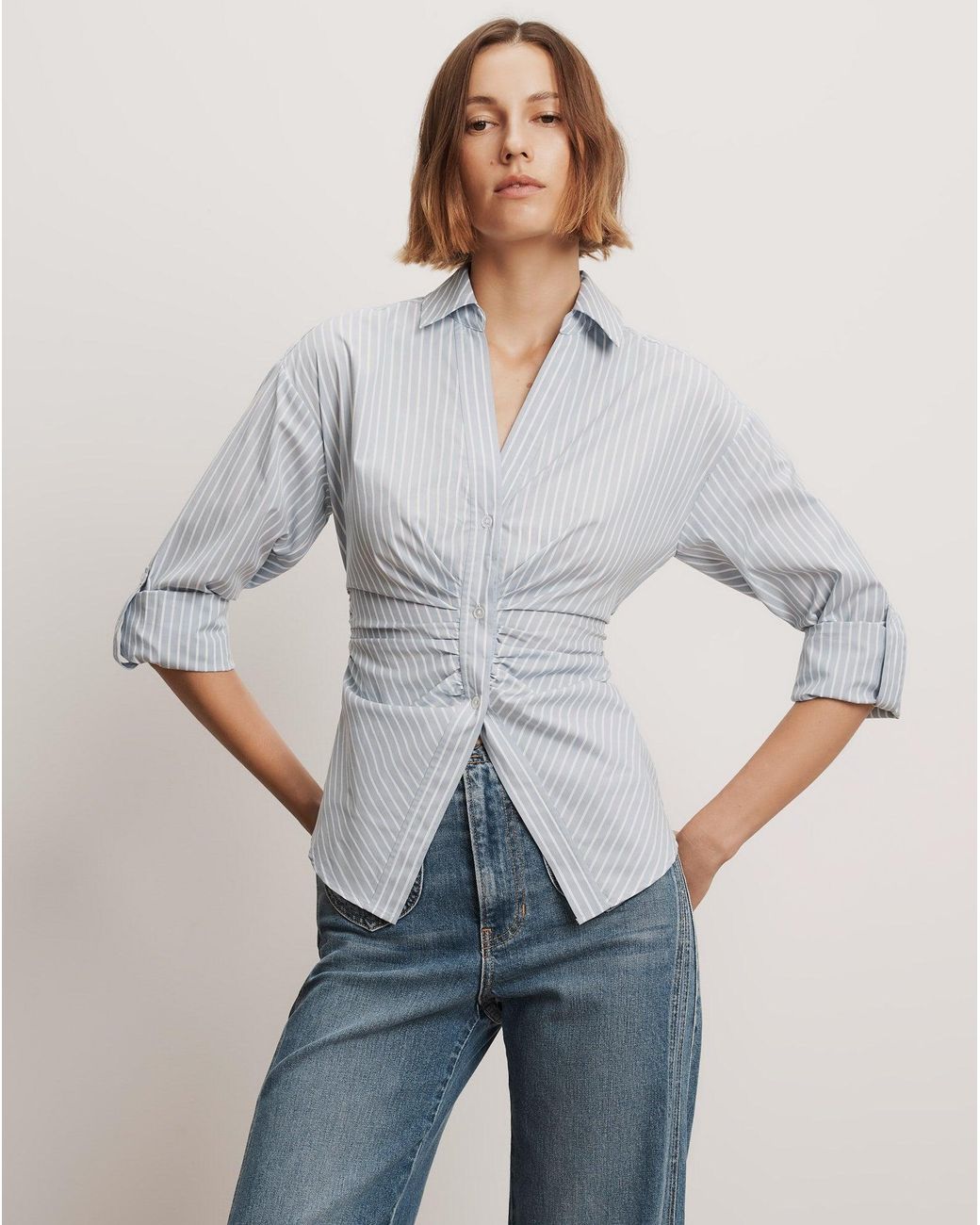 Veronica Beard Gray Devra Button-down Shirt Pale Blue River White