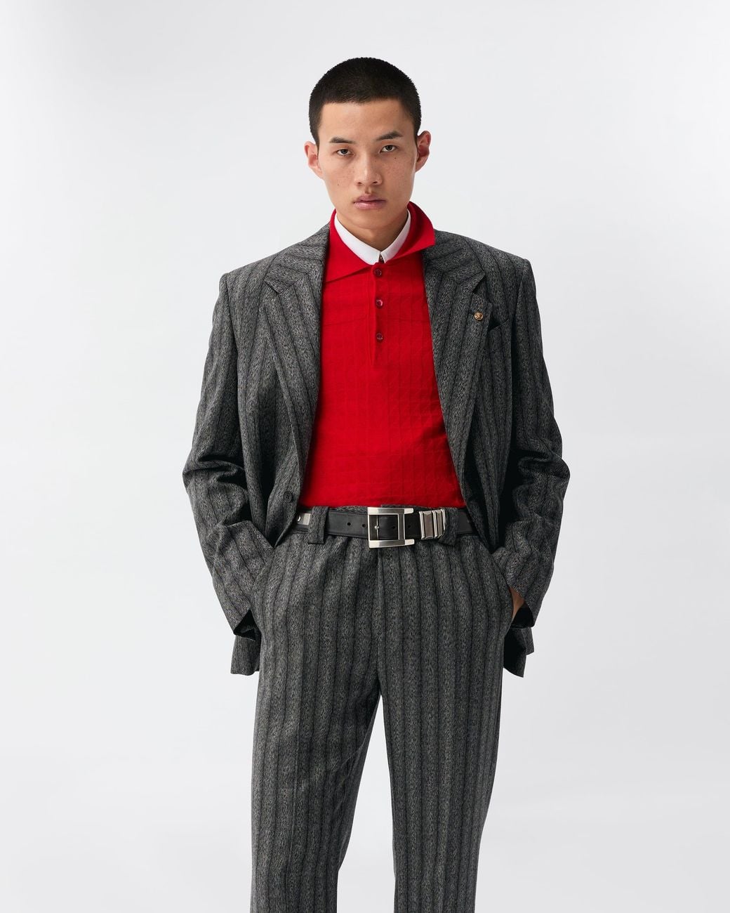 Versace Gray Pinstripe Wool Twill Formal Pants for men