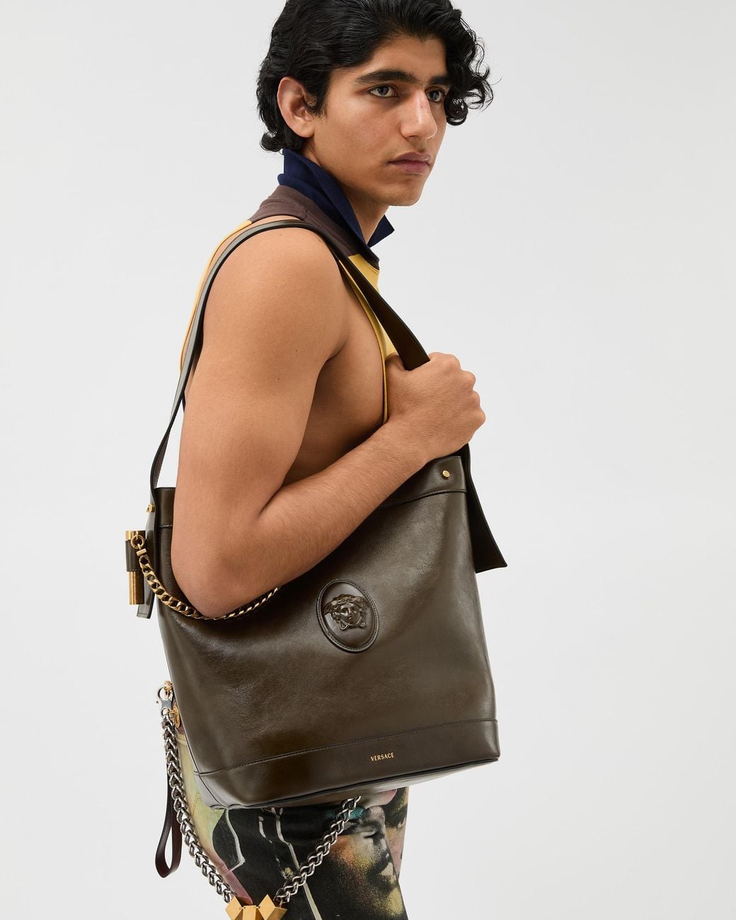 Versace Green Pivot Large Leather Bucket Bag